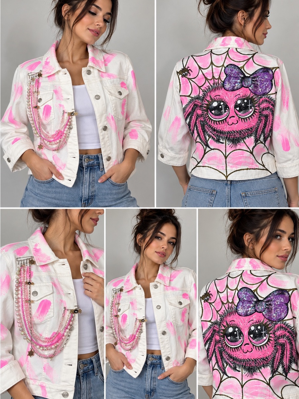 One of a Kind Hand Painted Pink Spider Denim Jacket Women’s L Halloween Art